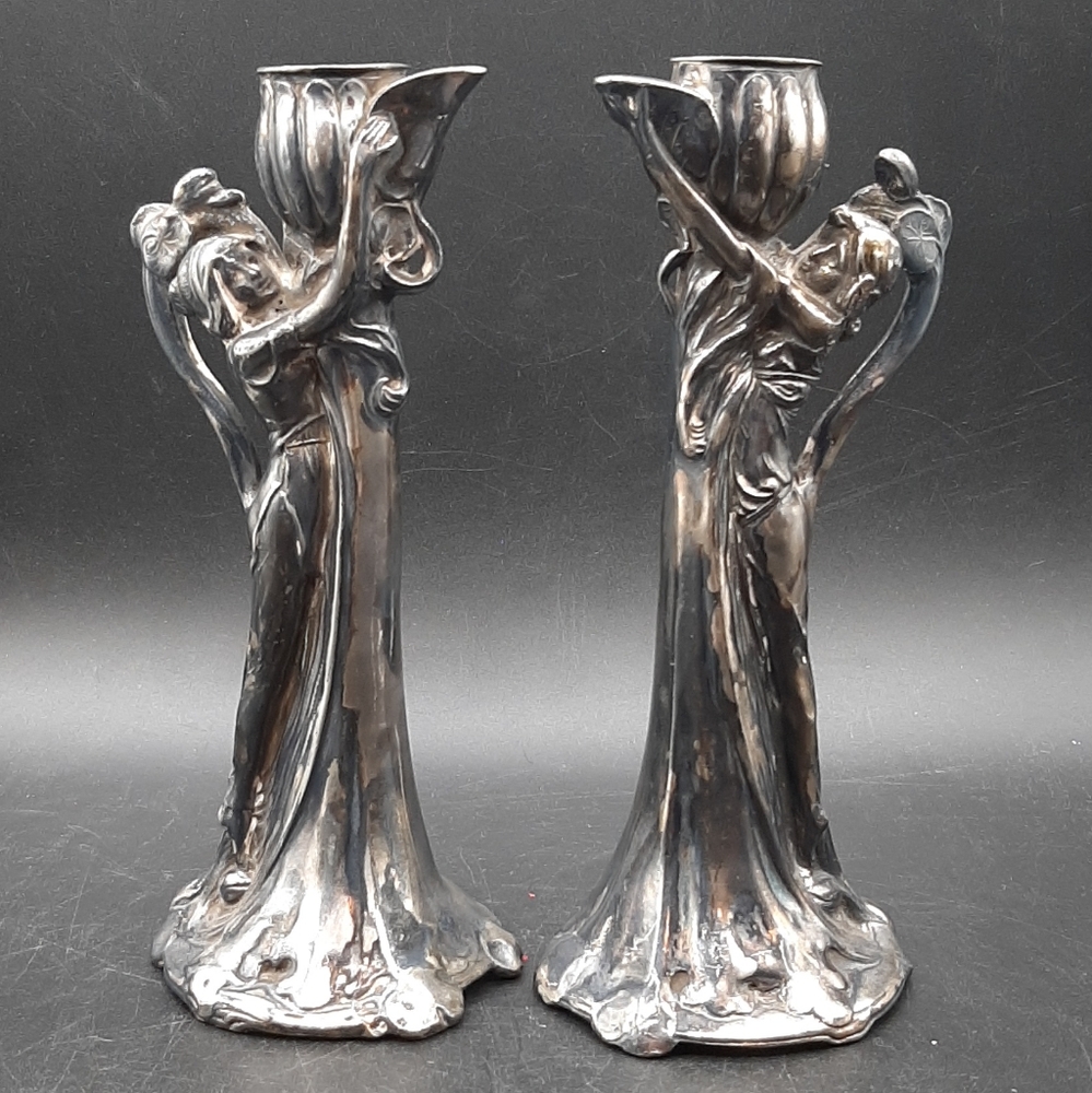 2 Antique Art Nouveau Silver Plate Figural Lady Candlesticks SIMPSON HALL MILLER